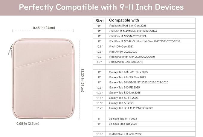 Dadanism 9-11" Tablet Sleeve Bag Carrying Case for iPad (A16) 11th Gen 11", iPad 10th Gen 10.9" Air 5/4, iPad Air M4/Pro 11", iPad 9/8/7th, Galaxy Tab A11+ Plus 11", Remarkable 2 10.3", Pink