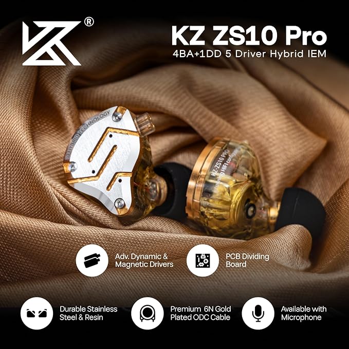 Linsoul KZ ZS10 Pro, 4BA+1DD 5 Driver in Ear Monitor, HiFi Wired Earbuds, Gaming Earbuds, Hybrid IEM Earphones with Stainless Steel Faceplate, Detachable Cable for Musician(with Mic, Glare Yellow)