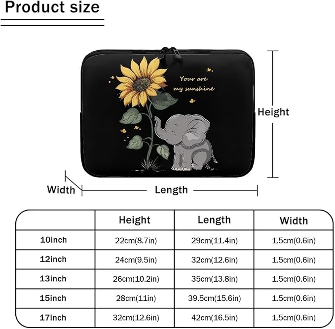 Sunflower Elephant Laptop Sleeve Case for Kids 10 Inch Laptop Protector with Multiple Uses Lightweight Computer Sleeve Tablet Bag Laptop Carrying Case Gifts for Girls Black
