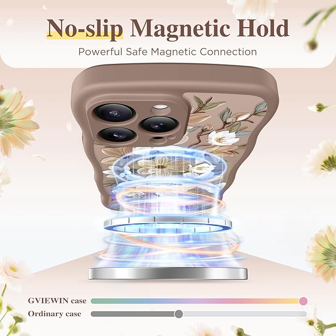 GVIEWIN for iPhone 15 Pro Case Compatible with MagSafe [Curly Wave Edge][Full Camera Protection] Floral Translucent Shockproof Magnetic Women Phone Case for iPhone 15 Pro 6.1'', Dogwood/Brown