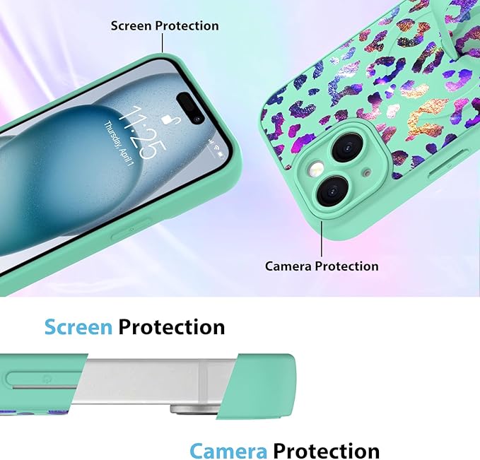 KANGHAR Compatible with iPhone 15 Case, Support for MagSafe, Silicone Cute Iridescent Leopard Cheetah Pattern, Wristband Kickstand Shockproof Protective Slim Cover for Women Girls, Green
