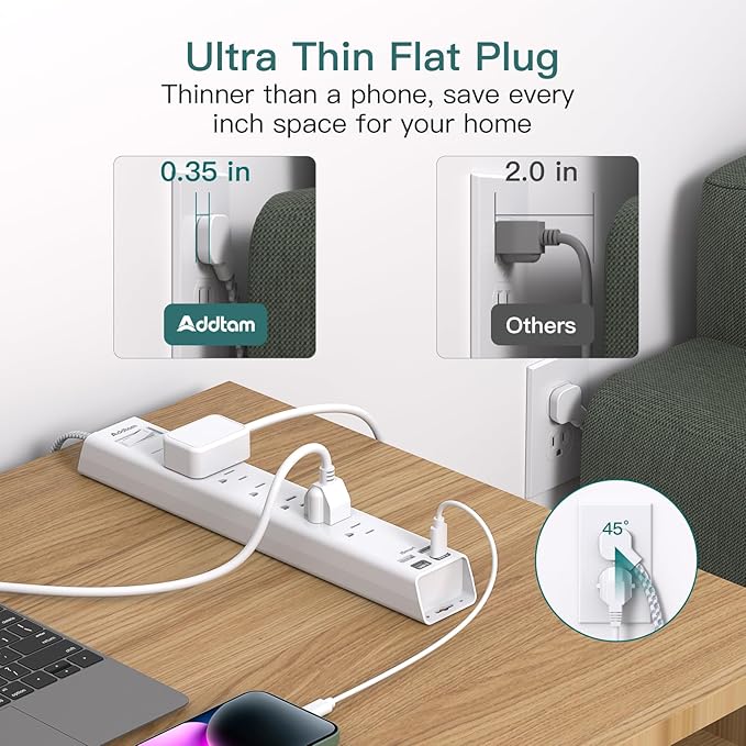 Addtam 20ft Extra Long Power Strip Surge Protector, 6 Outlets and 4 USB Ports (2 USB C), Ultra Flat Plug Wall Mount, Multi Plug Outlet Extender Desktop Charging Station for Home, Office, Garage