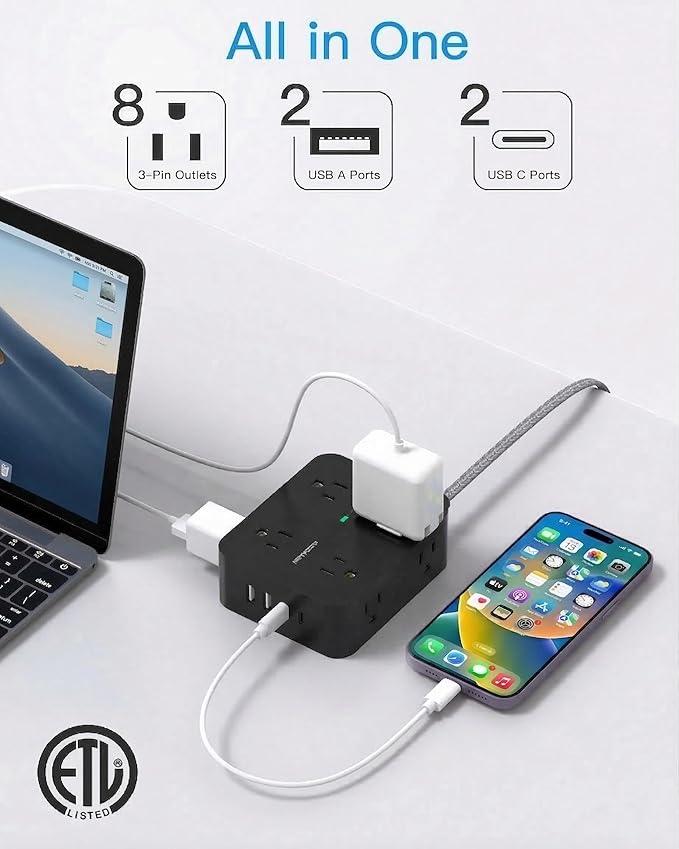 Surge Protector Power Strip 15 Ft Long Cord, HANYCONY Extension Cord 15 Feet with 8 Outlets 4 USB Ports(2 USB C), Flat Plug, Desk Charging Station for Home Office College Dorm Room Essentials