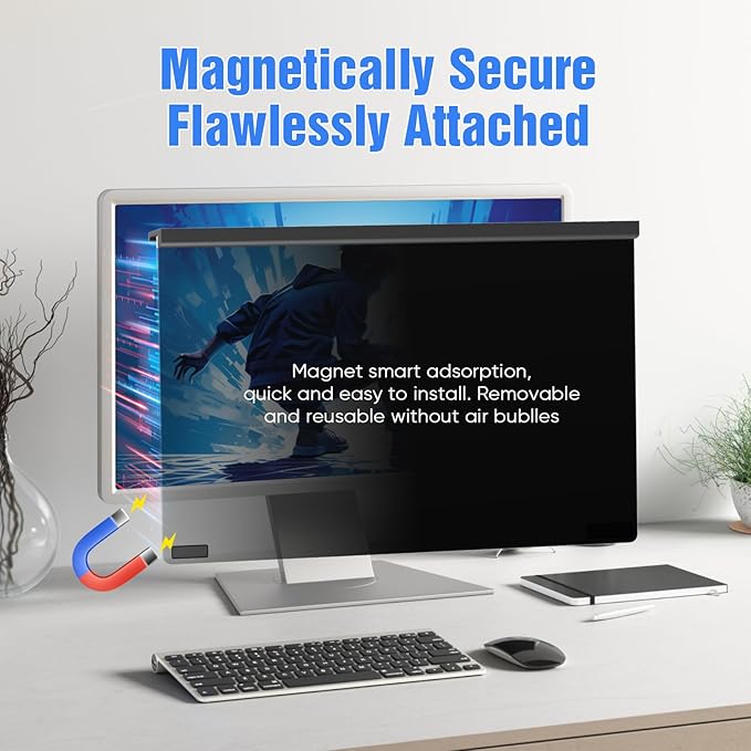 Magnetic Computer Privacy Screen 32 Inch，Aesthetic Hanging Privacy Screen for Computer Monitor with Anti-Blue Light Coating, Removable Magnetic Attachment Computer Monitor Privacy Shield
