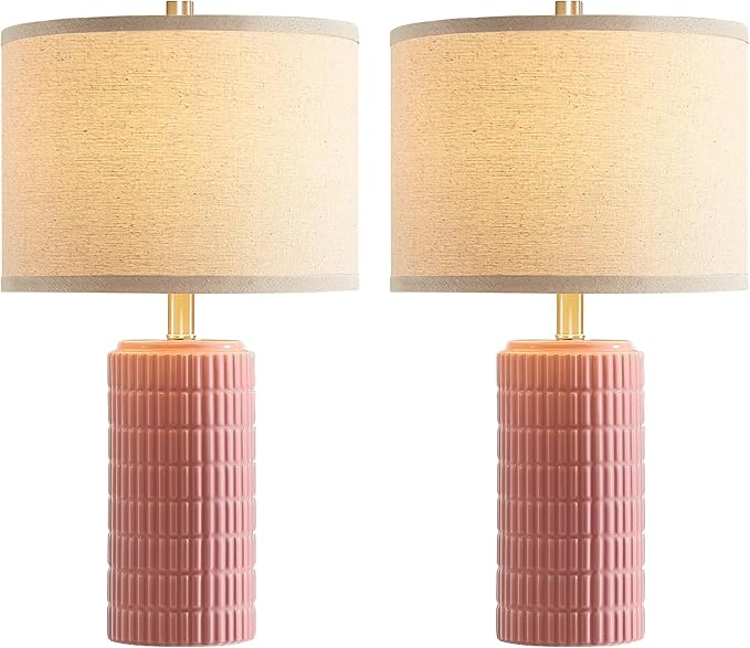 AIEAMPDO 23" Set of 2 Pink Ceramic Table Lamp for Living Room Bedroom, Modern Farmhouse Nightstand Desk Lamps for Dining Room Dresser End Table Entryway, 2 LED Bulbs Included