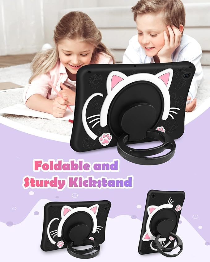 Wazzasoft for Samsung Galaxy Tab A9 Plus Case 11” Girls Cute Black Cat Cover Kawaii Girly 3D Cartoon Women Kitten with Rotating Handle Stand & Strap Soft Silicon Funda for Samsung A9 Plus Tablet Case