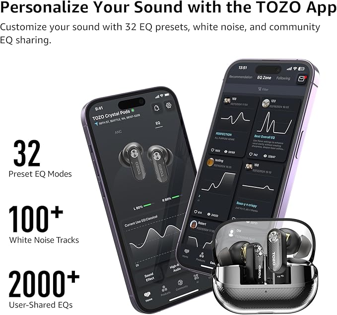 TOZO Crystal Pods Hybrid Active Noise Cancelling Wireless Earbuds, 10mm Drivers Deep Bass, 4 Mics Smart ENC AI Calls, Real-Time AI Translation, 32 EQ via App, Bluetooth 5.4, Crystal Design
