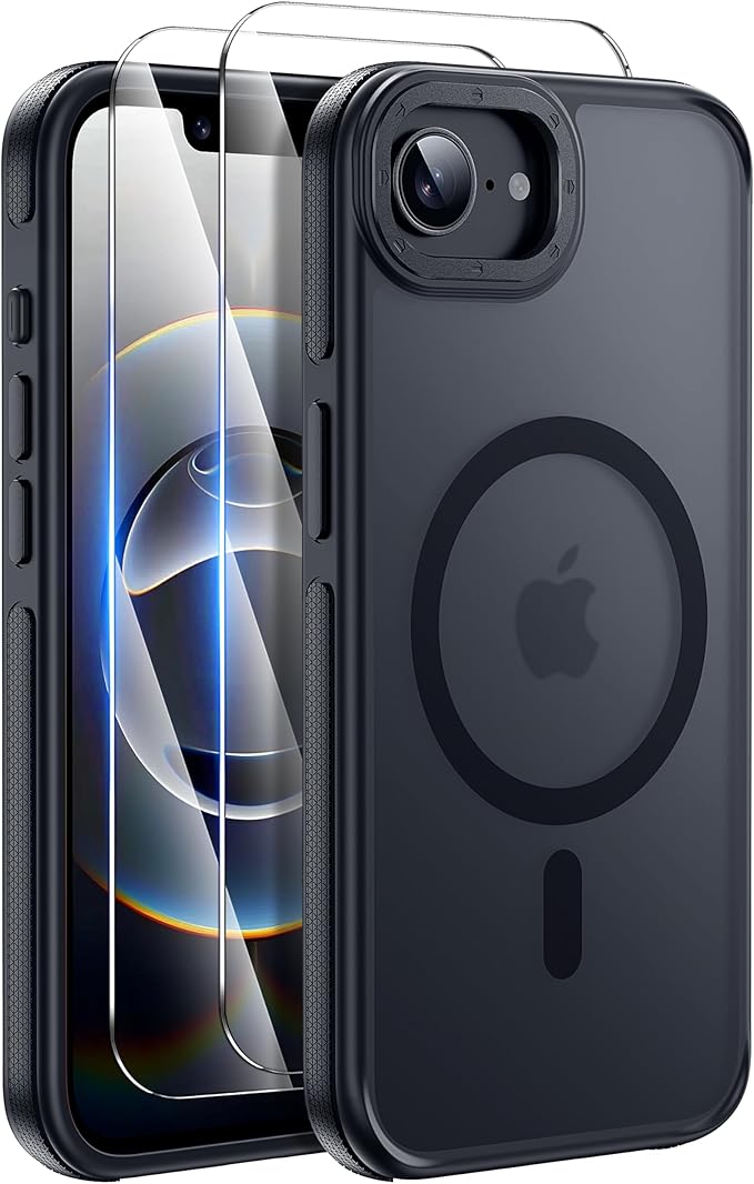 Strong Magnetic Case for iPhone 16E [2 Tempered-Glass Screen Protectors] Compatible with MagSafe Shockproof Slim Thin Case for iPhone 16E Phone Case 6.1 inch,Black Set