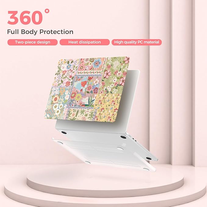 iCasso for MacBook Air 13.6 inch Case M5 2026 M4 2025 M3 M2 2024-2022 Model A3449 A3240 A3113 A2681, Flower Pattern Sturdy Protective Hard Shell Cover for Mac Book Air 13 inch,Pink Floral Patchwork