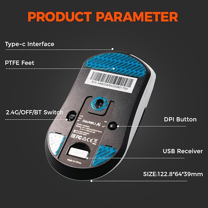 DAREU A950GM Wireless Gaming Mouse, 60g Lightweight, 26K DPI PAW3395 Optical Sensor, 2.4G/BT/Wired,Support 30-40min Fast Charge, 5 Programmable Buttons for PC/Laptop/Mac