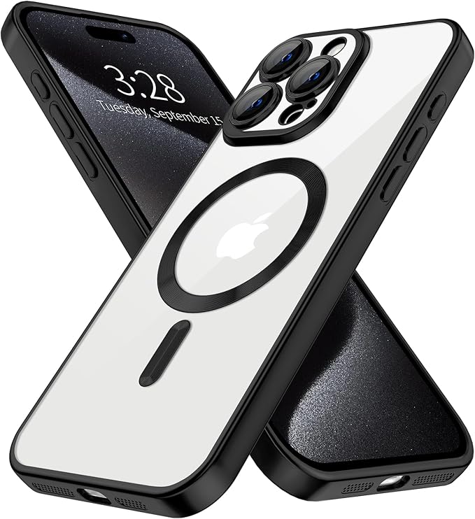 Hython Magnetic Clear for iPhone 15 Pro Case with Camera Lens Protector [Compatible with MagSafe] Luxury Plating Edge Slim Soft TPU Cover Protective Phone Case for iPhone 15 Pro 6.1", Matte Black