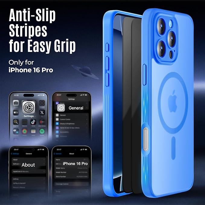 Symcele Designed for iPhone 16 Pro Case, Compatible with MagSafe, with Privacy Screen Protectors X2, [Camera Protection] [15FT Military Drop Protection] Shockproof Phone Case, 2024, Blue