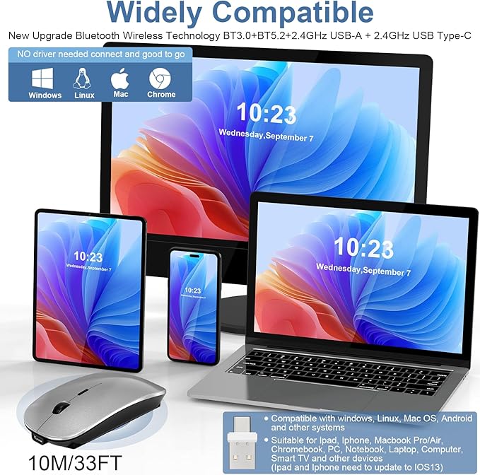 Kovess Wireless Bluetooth Mouse for Mac Air MacBook Pro Laptop PC Pad Optical Rechargeable Silent Mouse with Jiggler Mode Dual Mode Switch Bluetooth 5.2/3.0 and 2.4G USB-A & USB-C Receiver Rose Gold