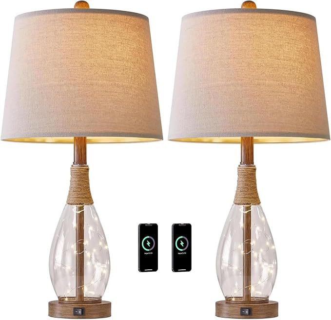 OYEARS Bedside Table Lamps Set of 2 with USB, Farmhouse Bedside Lamps Retro Farmhouse Rattan Glass Nightstand Nightlight Lamps for Bedroom Living Room Dorm,Two Light Points