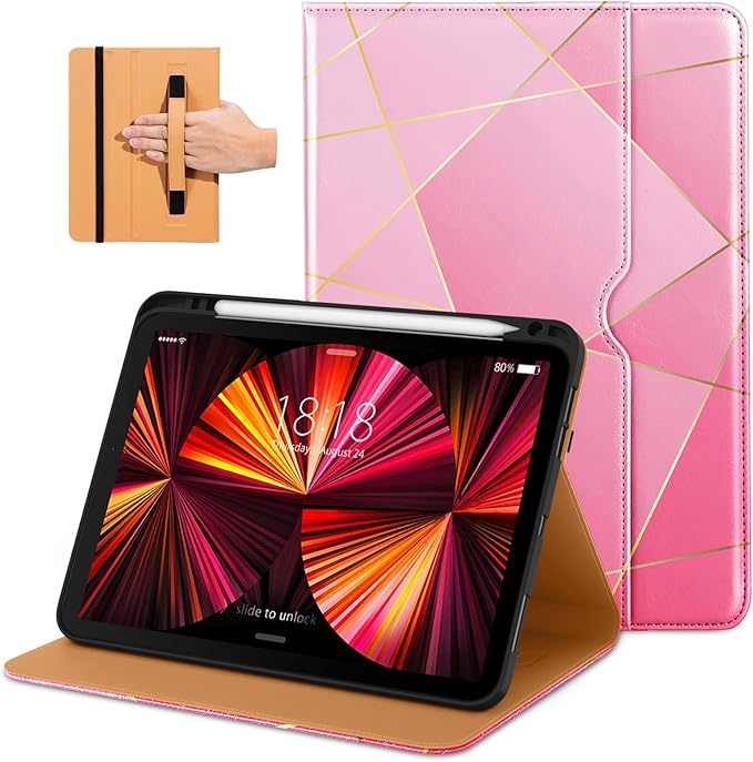 DTTO Case for iPad Pro 11 Inch 4th / 3rd / 2nd / 1st Generation 2022/2021/2020/2018,Premium PU Leather Folio Stand Cover with Hand Strap, Auto Wake/Sleep,Multiple Viewing Angles, Polygons