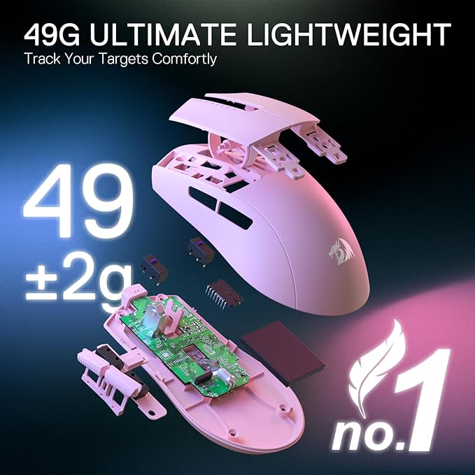 Redragon M916 PRO 3-Mode Wireless Gaming Mouse, 55G Ultra-Light 26K DPI Mouse w/Ergonomic Natural Grip Build, Full Programmable Buttons, Software Supports DIY Keybinds & DPI (1K Hz, Pink)