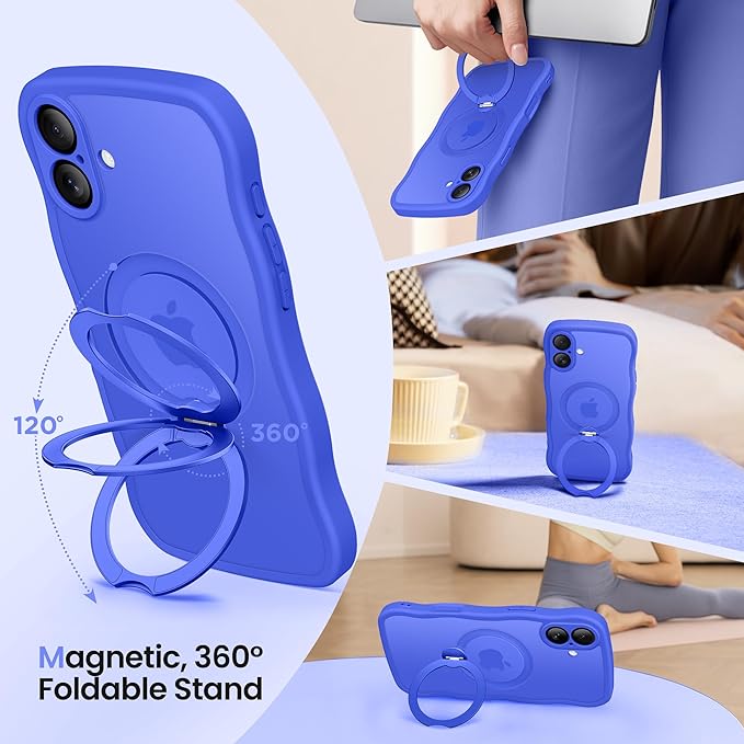CAPRARO for iPhone 16 Plus Case with 360° Spin Magnetic Stand for Women, [Compatible with MagSafe] [Full Camera Protection] Cute Wave Translucent Matte Case for iPhone 16 Plus, Ultramarine