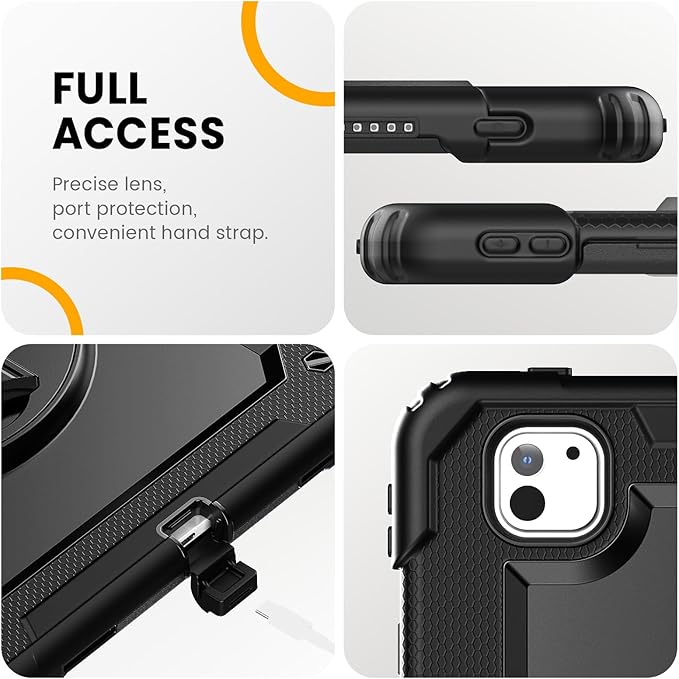 timecity Case for iPad Pro 13 Inch M5 2025 / M4 2024, 360° Rotating Stand, Pencil Holder & Wireless Charging, Shockproof with Screen Protector & Shoulder Strap - for Designers & Professionals, Black