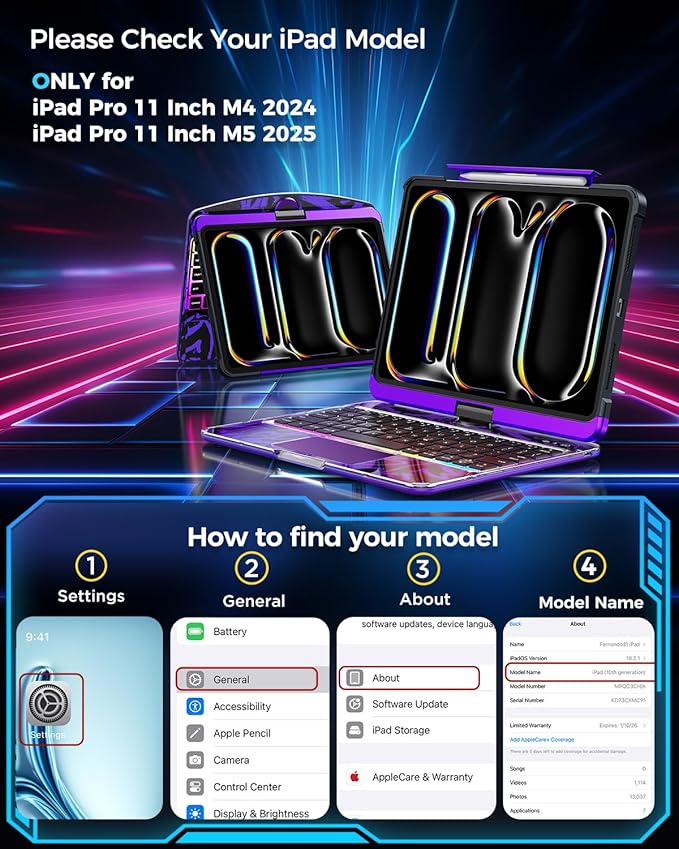 SIBEITU Keyboard Case for iPad Pro 11 Inch (M5 2025 / M4 2024), 360 Rotatable iPad Pro 11 Clear Cover with Multi-Touch Trackpad, 7-Color Backlight & 3 Brightness, High-Tech Visible PCB Design, Purple