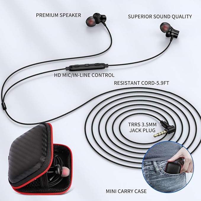 ASKUBSKU 3.5mm Headphones 5.9 ft Long Cord Wired Earbuds with Microphone Noise Cancelling Earphone HiFi Stereo Clear Call Volume Control Plug in 3.5mm Jack Wired Ear Buds for Laptop Chromebook PC