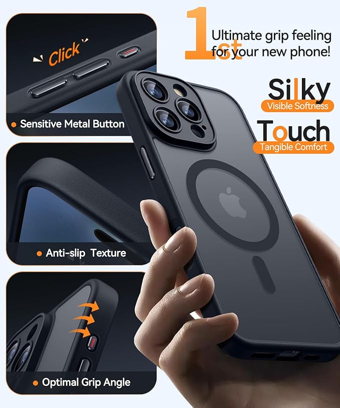 CANSHN Magnetic Compatible with iPhone 16 Pro Max Case, Upgraded [Full Camera Protection] [Compatible with Magsafe] [Translucent Matte] Shockproof Protective Phone Case Cover 6.9 Inch - Black