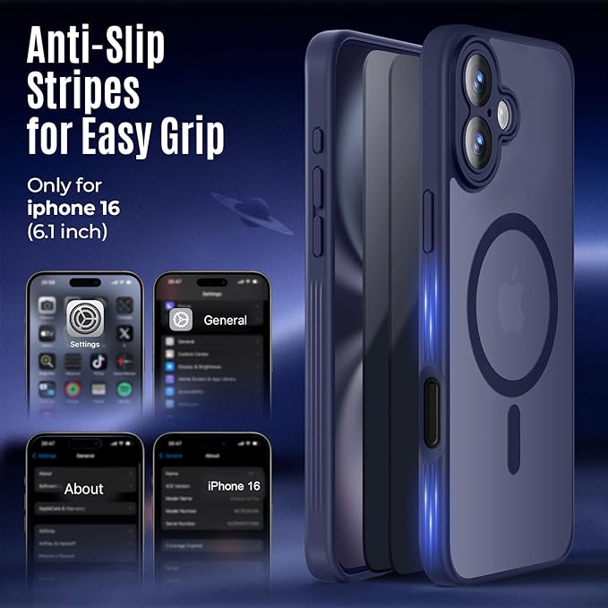 Symcele Designed for iPhone 16 Case, Compatible with MagSafe, with Privacy Screen Protectors X2, [Camera Protection] [15FT Military Drop Protection] Shockproof Phone Case, 6.1", Deep Blue