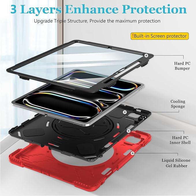 Case for iPad Pro 13 Inch M5 2025/ M4 2024: Military Grade Cover for iPad Pro 13" with Screen Protector - Stand - Handle - Shoulder Strap - Pencil Holder- Red