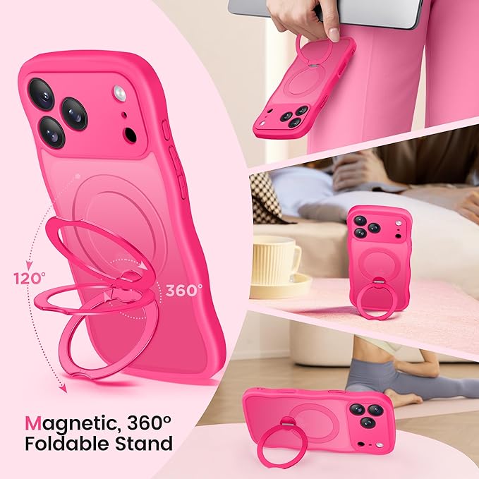 CAPRARO Magnetic for iPhone 17 Pro Case with 360° Spin Magnetic Stand for Women, [Compatible with MagSafe] [Full Camera Protection] Cute Wave Translucent Matte Case for iPhone 17 Pro, Hot Pink