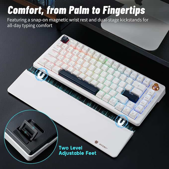 Wireless Mechanical Keyboard with Wrist Rest, Hot Swappable Custom Keyboard with Knob, RGB Backlit, Pre-lubed Clicky Switches, 2.4GHz/USB-C/BT5.0 Mechanical Gaming Keyboards for Win/Mac (White)