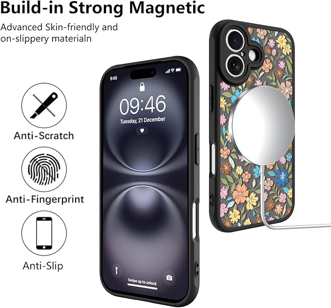 KANGHAR Case Compatible with iPhone 16 Flower Pattern [Compatible with Magsafe] Cute Colorful Blooming Florals Protective Magnetic Case for Girls Women 6.1"