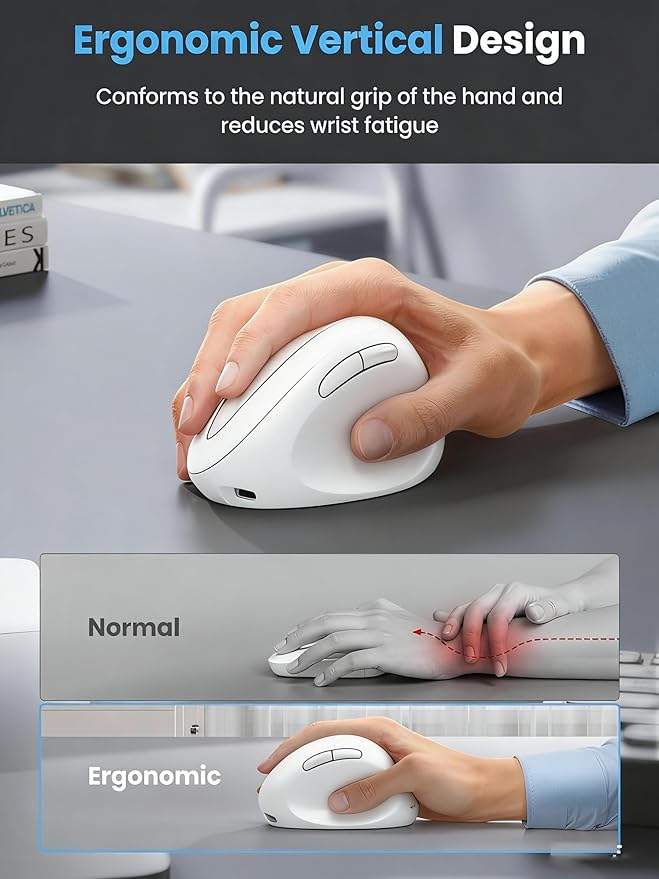 Ergonomic Mouse, Bluetooth Wireless Vertical Mouse, Rechargeable Battery, Quiet Clicks, DPI Adjustable, BT5.0/3.0 & 2.4G Connect, Easy to use, Wide Compatibility (White)