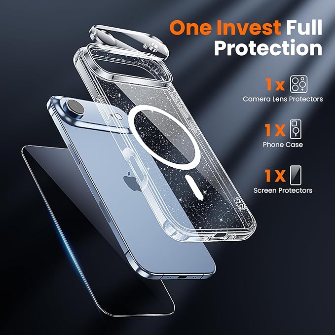 toushion 3 in 1 for iPhone Air Case Clear Glitter,Fits MagSafe, Not Yellowing, Screen Protector*1 Camera Lens Protector*1, Military-Grade Protection for Phone Cover 6.5 inch
