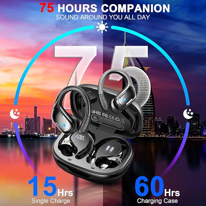 Wireless Earbud, 75Hrs Bluetooth 5.4 Headphones IP7 Waterproof for Sport, Running Wireless Earphones with ENC Noise Cancelling Mics, Deep Bass Over Ear bud with Earhooks for Android, iOS, Workout, Gym