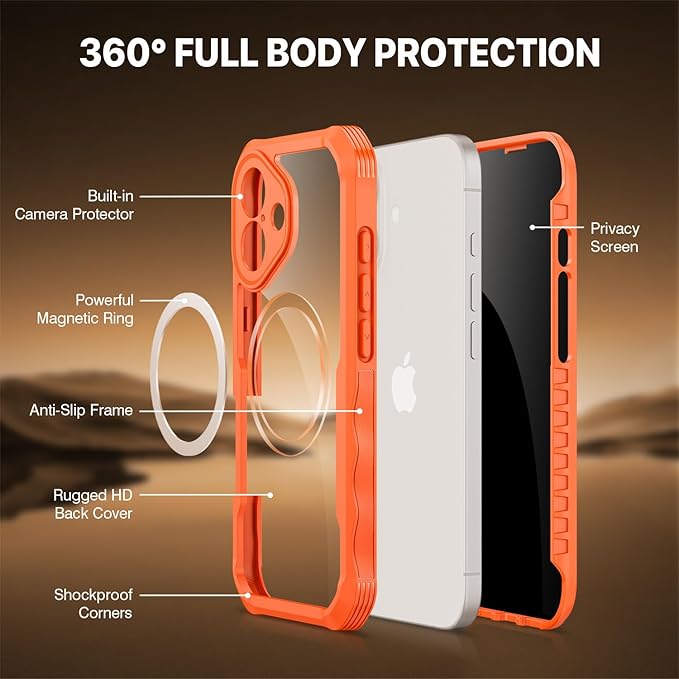 CENHUFO Magnetic Privacy for iPhone 17 Case [Compatible with Magsafe] Full Body Phone Case Built-in 9H Tempered Glass Privacy Screen Protector Camera Protection Shockproof Bumper Clear Cover -Orange