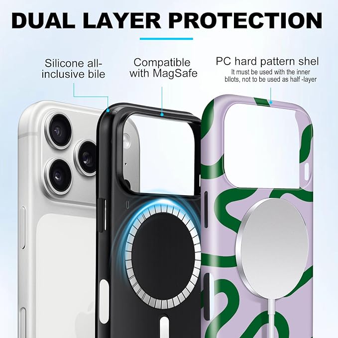 Magnetic for iPhone 17 Pro Max Case Cute Curved Stripes Phone Case, Shockproof Slim TPU and Hard PC Protective Phone Cover Compatible with MagSafe Designed for Women Girls,Green