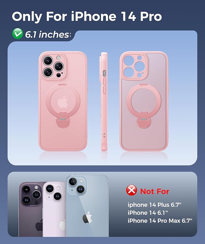 FNTCASE for iPhone 14 Pro Case: [360 Spin Magnetic Stand] [Compatible with Magsafe] [Screen Protector] Translucent Matte Military Grade Shockproof Full Camera Protective Phone Cover - Pink