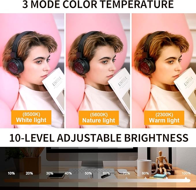 Video Conference Lighting - Webcam Light for Streaming, 3 Color Adjustable & Anti-Blue-Light, LED Monitor Laptop Light for Zoom Calls, Video Conference, Online Class, Live Streaming