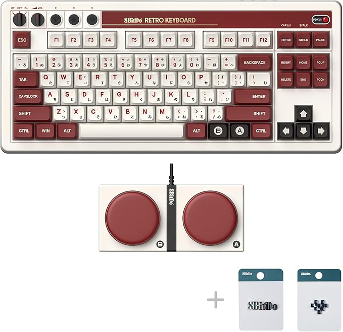 8Bitdo 87 Keys Retro Mechanical Keyboard Bluetooth/2.4G/USB-C, Hot Swappable, Dual Super Programmable Buttons, Volume knob for Windows and Android - Fami Edition