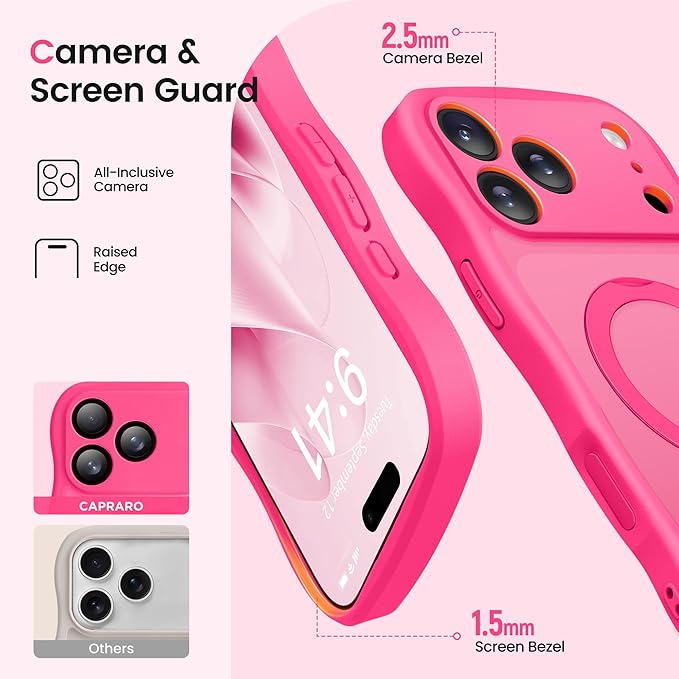 CAPRARO for iPhone 17 Pro Max Case with 360° Spin Magnetic Stand for Women, [Compatible with MagSafe] [Full Camera Protection] Cute Wave Translucent Matte Case for iPhone 17 Pro Max,Hot Pink