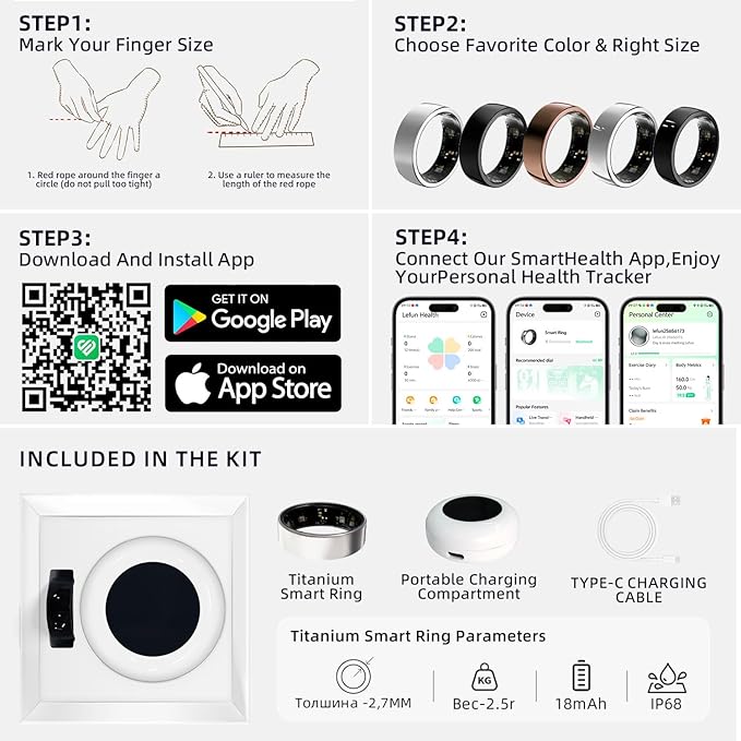 Smart Ring Titanium Fitness Sleep Tracker Health Monitoring Blood Pressure Blood Oxygen for iPhone and Android 7 Days Batterty Life (Black, 10) Full Charge First Use