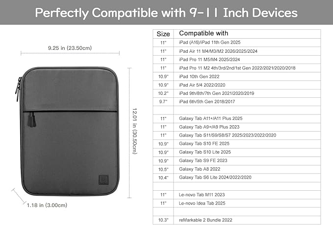 Dadanism 9-11 Inch Tablet Sleeve Padded Carrying Case for iPad (A16) 11th Gen 11", iPad 10th Gen 10.9", iPad Air M4/Pro M5 11", iPad Air 5/4, iPad 9/8/7th Gen, Galaxy Tab A11+ Plus 11",Black & Gray