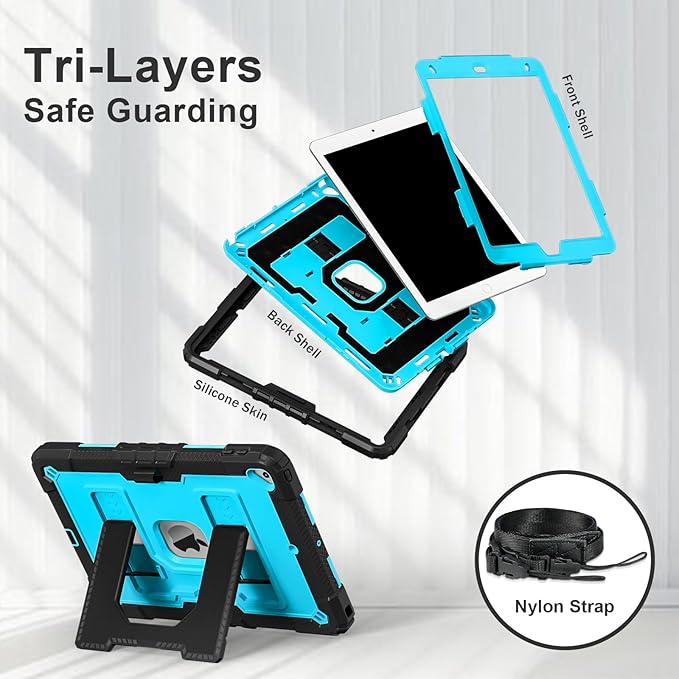 Kids Friendly Case for Apple iPad 10.2" 9th 8th 7th Generation 2021/2020/2019 Case with Pencil Holder & Shoulder Strap, Military Grade Shockproof Kickstand Hard Shell Protective Cover,Black+Blue