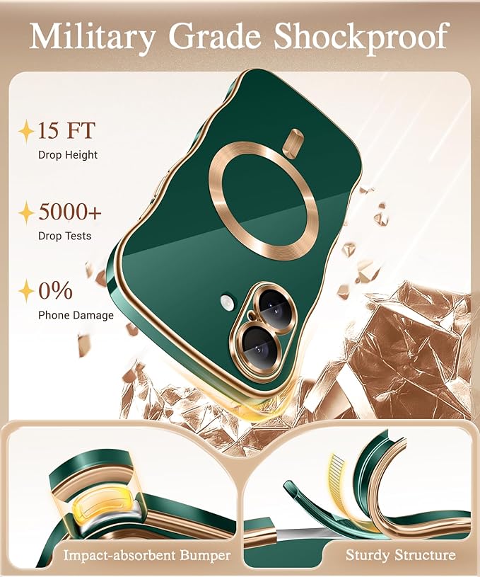 GVIEWIN for iPhone 17 Case Compatible with MagSafe, Upgraded [Full Camera Protection][Cute Wave Frame][Military Grade Protection] Electroplated Hard Phone Cover for Women Girl, Green