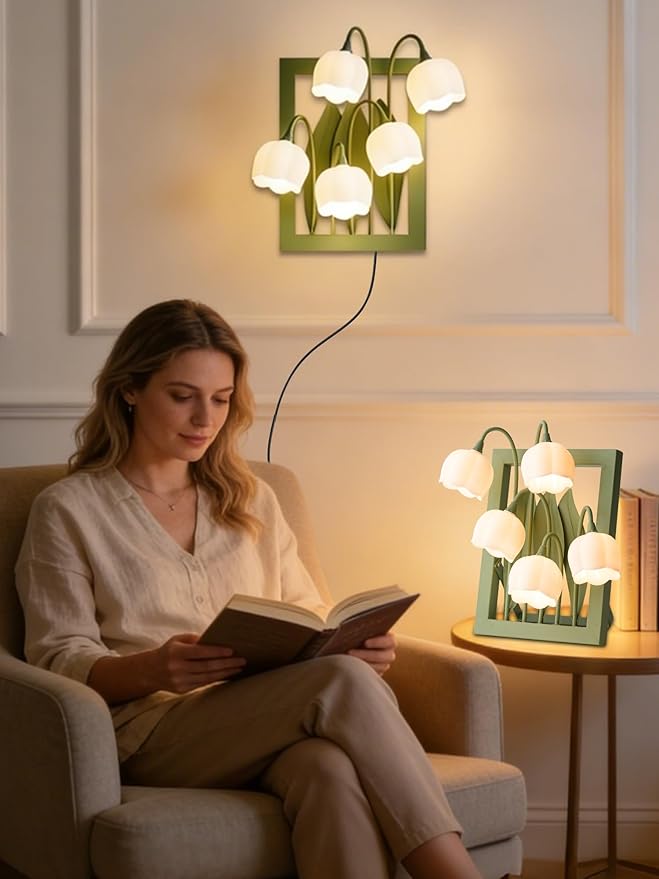 Flower Lamp,Bedside Vintage Table Lamps,5 Lily of The Valley Night Lights,3 Colors Modes Kawaii Bedside Lamp Decor,Cute Desk Lamp for Bedroom,Living Room,Office Home Decor(Green Picture Frame)