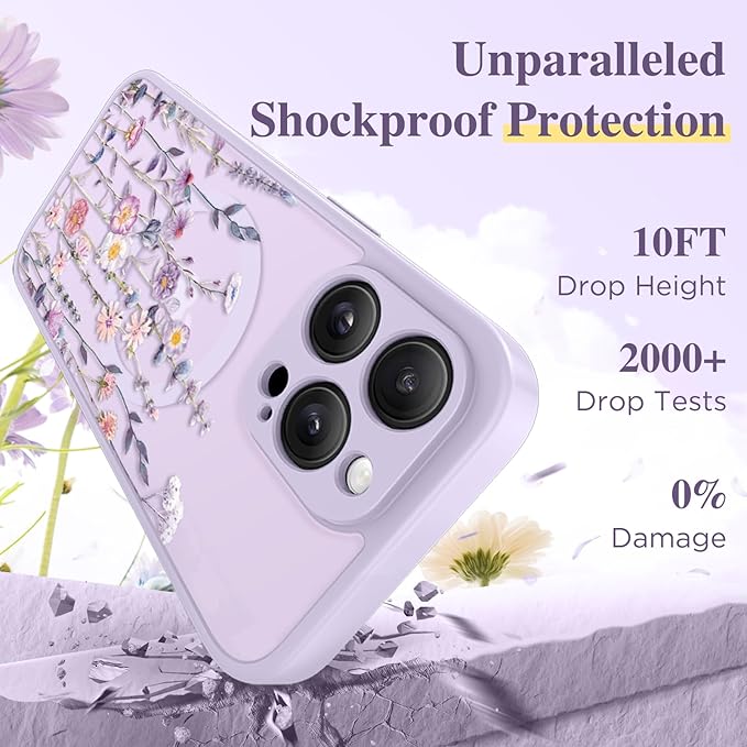 GVIEWIN for iPhone 16 Pro Case Compatible with MagSafe, [Military Grade Protection] [Screen Protector] Full Camera Protection Floral Translucent Women Magnetic Phone Case, Floratopia/Colorful