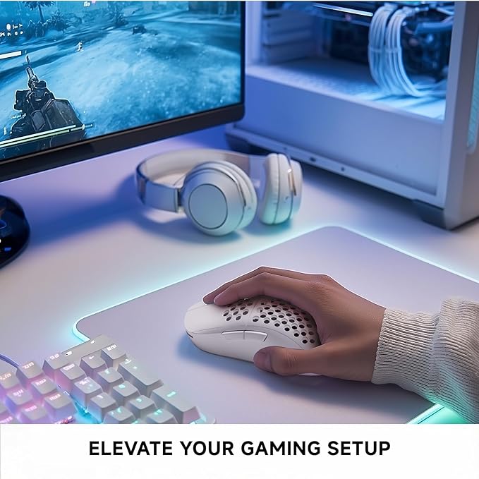 TMKB Wireless Gaming Mouse, 24000DPI Optical Sensor, 180Hrs Battery, Lightweight, 6 Programmable Buttons, RGB Strip, 2.4G/BT5.2/USB-C Wired for PC/Mac/Laptop - Matte White