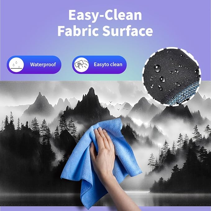 Large Gaming Mouse Pad (31.5" x 15.8") - Foggy Forest Misty Mountain Landscape Painting Black and White Wonderland, Extra XXL Extended Office Accessories, Premium Stitched Anti-Slip Desk Mat