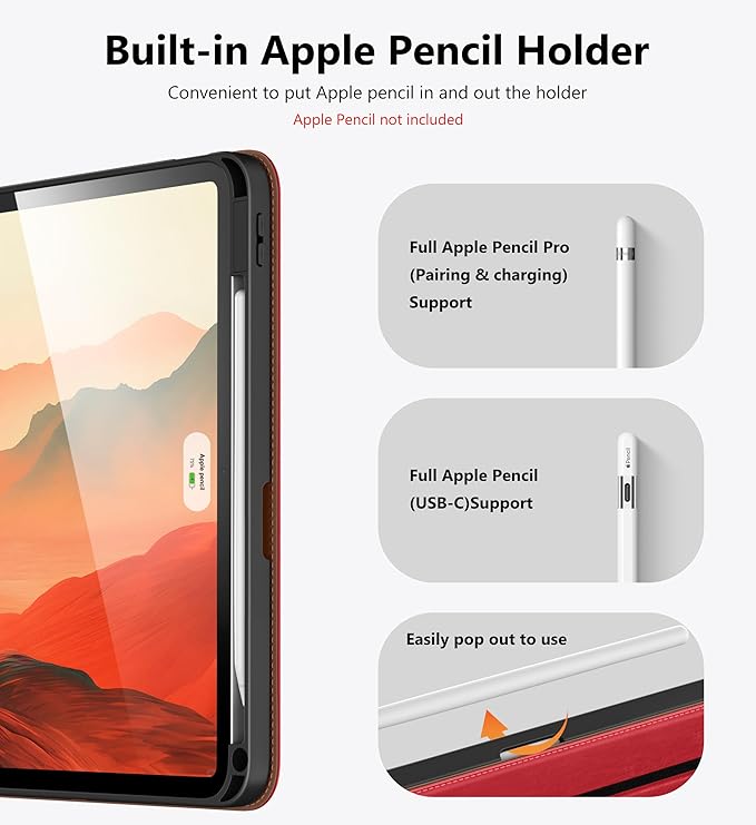 DTTO for iPad Air 11 inch Case M4 / M3 / M2 (2026/2025/2024), iPad Air 5th / 4th Gen (2022/2020), 360 Degree Rotating Premium Leather Folio Stand Cover with Pencil Holder, Red