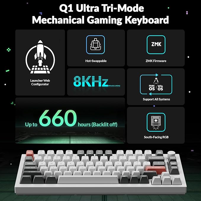 Keychron Q1 Ultra 8K 75% Wireless Mechanical Keyboard, Aluminum Hot-Swappable RGB, Banana Switch, 82 Keys, 600h Battery Life, 2.4GHz/Bluetooth/Wired, ZMK Programmable, Mac Windows Linux – White