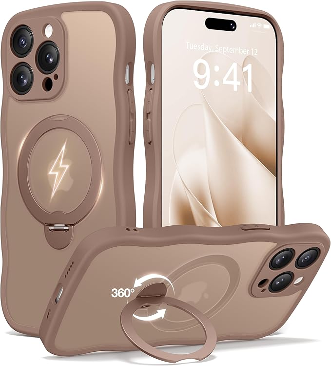 CAPRARO for iPhone 14 Pro Max Case with 360° Spin Magnetic Stand for Women, [Compatible with MagSafe] [Full Camera Protection] Cute Wave Translucent Matte Case for iPhone 14 Pro Max, Brown